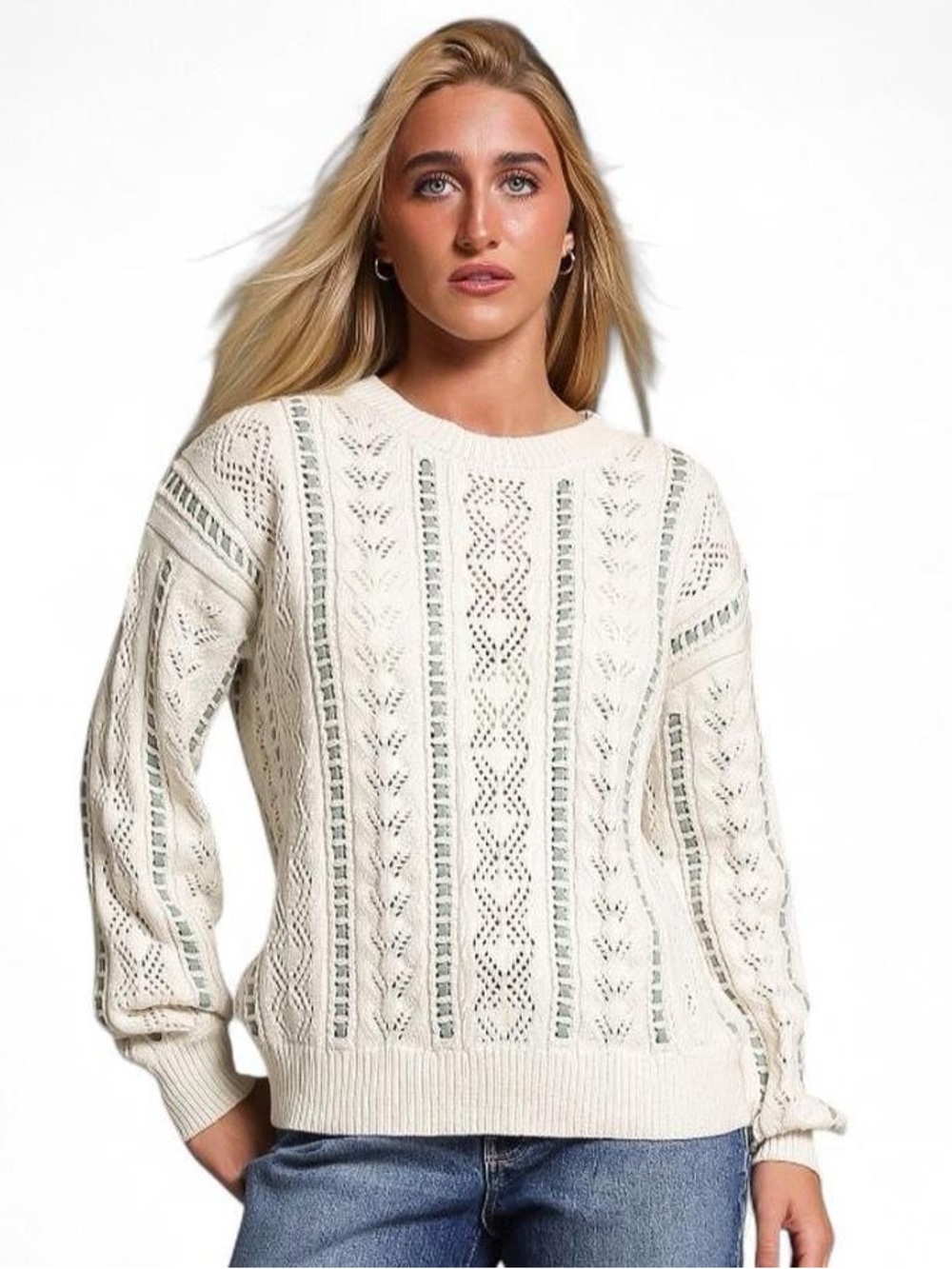 BKE White Open-Knit Crewneck Pointelle Sweater with Subtle Stripe Detail
